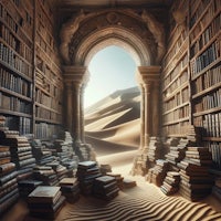 a library full of books in the desert